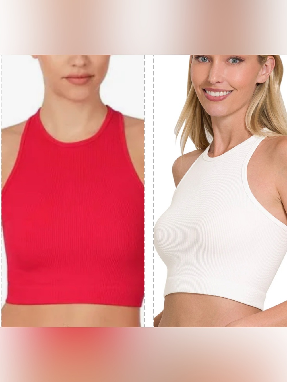 Zenana Outfitters Red & White Ribbed High-Neck Crop Tanks